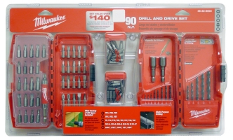 Milwaukee 90-piece drill and drive set displayed in packaging, featuring various drill bits and driver accessories.