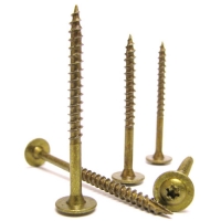 Four brass screws of varying lengths, standing upright on a flat surface.