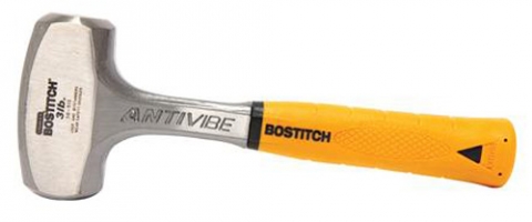 Bostitch anti-vibe hammer with a stainless steel head and textured orange handle.