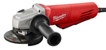 A red and silver Milwaukee angle grinder with a cutting disc attached, featuring a handle for better grip.