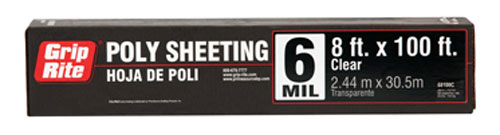 Grip Rite poly sheeting roll, 6 mil thickness, 8 ft x 100 ft, clear.