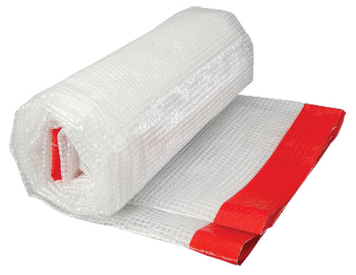 A roll of bubble wrap with a red trim, partially unrolled.