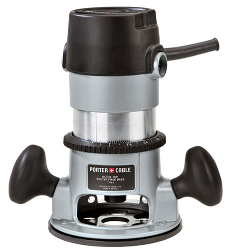 A Porter-Cable router with a silver and black design, featuring a handle on the side, a variable speed dial, and a base for woodworking applications.