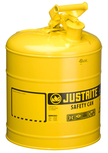 Yellow safety can with a handle and spout, labeled 'JUSTRITE' with safety symbols.