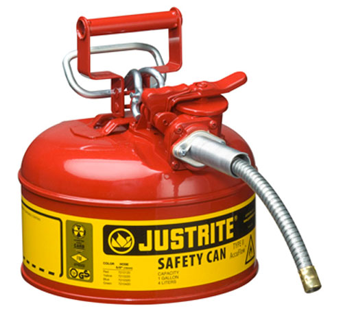 Red safety can with a yellow label and a flexible spout, used for storing and dispensing flammable liquids.