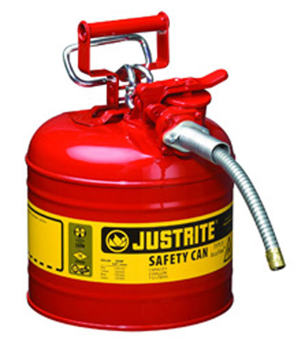 A red safety can with a yellow label, designed for storing and dispensing flammable liquids, featuring a spout and a handle.