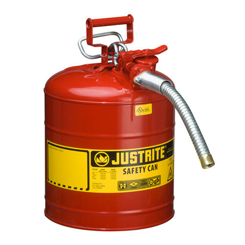 A red safety can with a handle and spout, labeled 'JUSTRITE SAFETY CAN'.