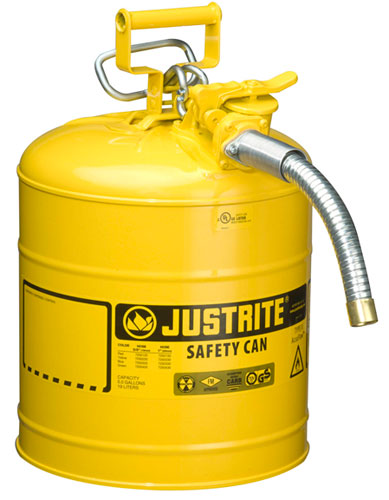 Yellow safety can with a handle and a spout, labeled 'JUSTRITE SAFETY CAN'.