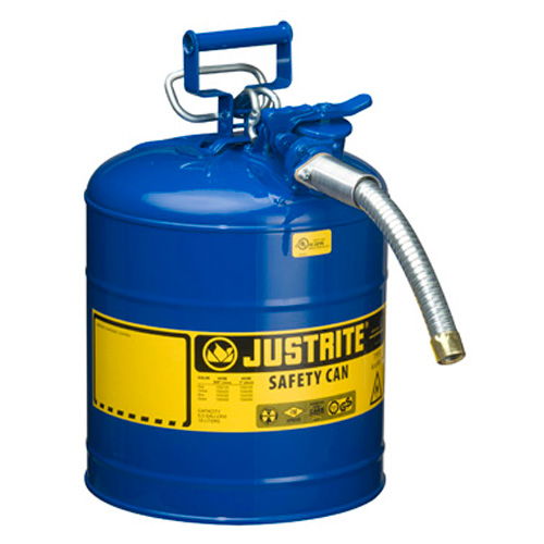 A blue safety can with a handle and a spout, labeled 'JUSTRITE', designed for safely storing and dispensing liquids.