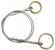 A metal cable with two rings on either end, used for securing or connecting objects.