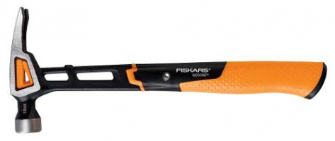A Fiskars claw hammer with a black and orange handle, featuring a smooth hammerhead and a curved claw for removing nails.