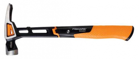 A black and orange Fiskars hammer featuring a curved claw and a textured handle for improved grip.