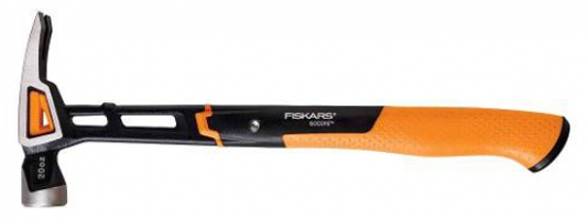 A Fiskars hammer featuring a sleek black and orange design, with a steel head and an ergonomic handle.