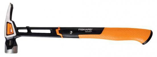 A Fiskars hammer with a sleek black and orange design, featuring a curved claw for nail removal and a comfortable grip.