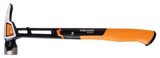 A Fiskars hammer with a black and orange design, featuring a curved claw and a textured handle for a secure grip.