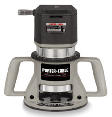 Porter-Cable router with a black top and silver base, featuring two handles for grip and a variable speed control.