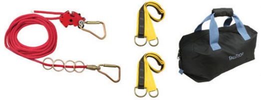 A red safety rope with a mechanism and carabiner, two yellow webbing straps with carabiners, and a black duffel bag.