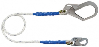 A fall protection lanyard featuring a hook on one end and a metal snap hook on the other, connected by a braided rope with a blue grip.