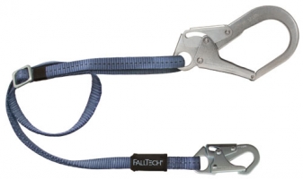 Safety harness lanyard featuring two metal snap hooks and a durable, woven strap.