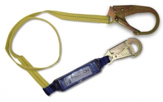 A safety lanyard with a yellow strap and metal hooks on both ends, designed for fall protection in construction or industrial settings.