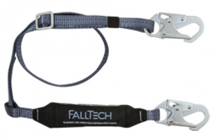 A safety lanyard with two metal snap hooks and a padded section, labeled 'FALLTECH'.
