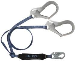 A safety lanyard with two metal snap hooks and a blue strap, designed for fall protection use in construction or climbing.