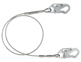 A steel cable lanyard with two spring-loaded snap hooks on either end.