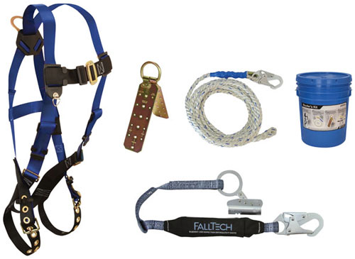 A safety harness kit including a blue safety harness, anchorage connector, a rope, and a shock-absorbing lanyard, along with a blue storage bucket.