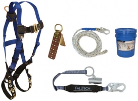 A safety harness kit including a blue safety harness, a d-ring anchor, a safety rope, and a fall protection lanyard.