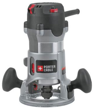 Porter Cable router with a grey and black design, featuring dual handles and a clear base.