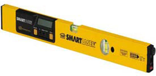 A yellow digital level tool with an LCD display and a bubble level indicator.