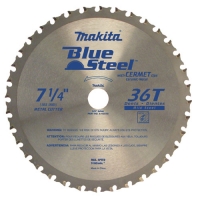 Makita 7 1/4 inch circular saw blade with 36 teeth, labeled as Blue Steel, designed for metal cutting.