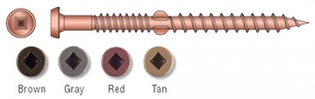 An illustration of a screw positioned horizontally with a square drive head, alongside four color swatches labeled Brown, Gray, Red, and Tan.