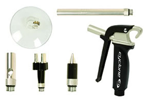 A collection of pneumatic tools including a spray gun, nozzle attachments, a vacuum cup, and a metal extension tube, all related to air compression usage.