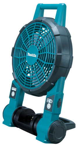 A blue portable fan with a sturdy base and a handle, featuring controls for power and speed.