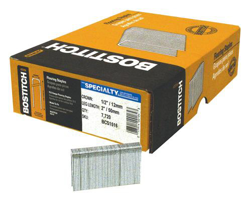 A box of Bostitch floating staples, featuring dimensions of 1/2 inch crown and 2 inch leg length, with 7,720 staples included.