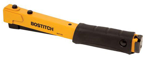 BOSTITCH manual staple gun with a yellow and black design, featuring a comfortable grip and adjustable settings.