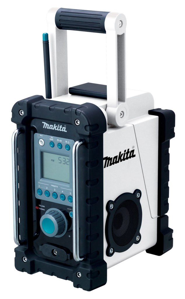 A Makita portable radio with a rugged design, featuring a digital display, tuning knobs, and a carrying handle.