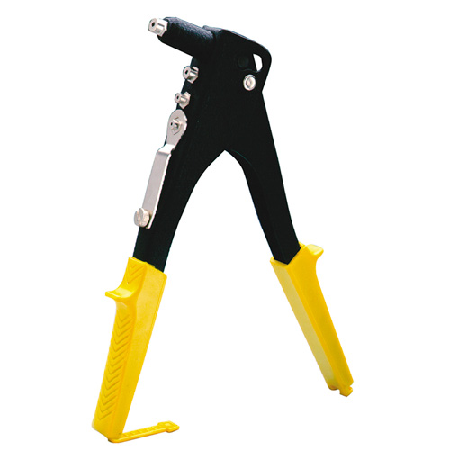A hand-held tool with black metal arms and yellow rubber grips, designed for applying or removing rivets.