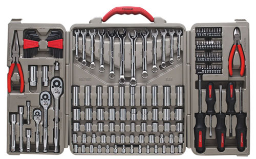A comprehensive mechanic's tool set featuring various sizes of wrenches, ratchets, sockets, screwdrivers, and pliers organized in a sturdy carrying case.