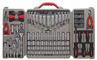 A comprehensive toolkit featuring various wrenches, sockets, pliers, screwdrivers, and ratchet tools organized in a carrying case.