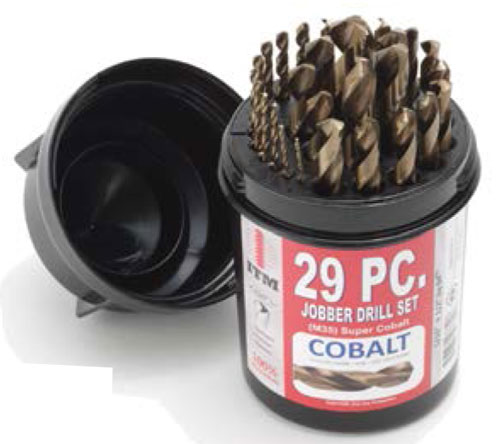 29-piece jobber drill set in a black container, featuring cobalt drill bits.