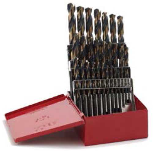 A set of metal drill bits arranged in a red storage case, with the lid partially open.