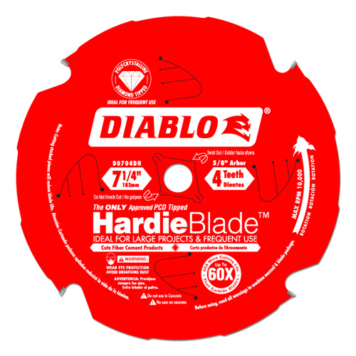 A red circular saw blade labeled 'DIABLO HardieBlade' designed for cutting fiber cement products, featuring 4 teeth and a 5/8 inch arbor.