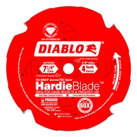 A red diamond saw blade labeled 'DIABLO HardieBlade', designed for cutting fiber cement products, featuring specifications of 7 1/4 inches and 4 teeth.
