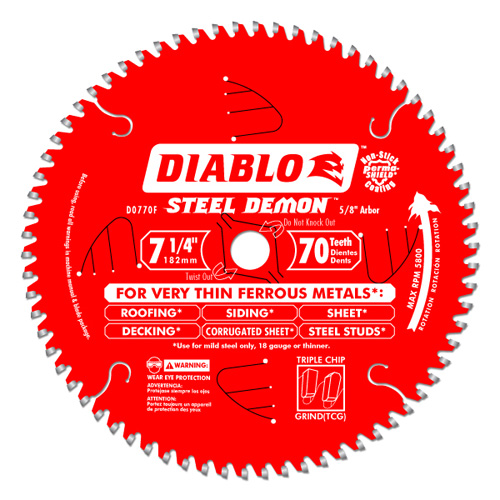 A red Diablo Steel Demon saw blade with a diameter of 7 1/4 inches, featuring 70 teeth designed for cutting very thin ferrous metals, including roofing and siding.