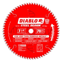 Circular saw blade labeled 'Diablo Steel Demon', 7 1/4 inches in diameter with 70 teeth, designed for cutting very thin ferrous metals.