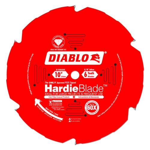 Red circular saw blade labeled 'Diablo HardieBlade', 10 inches in diameter, designed for cutting fiber cement products. Features include 6 teeth and markings indicating optimal use for large projects.