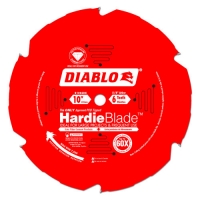 Red circular saw blade labeled 'DIABLO HardieBlade' designed for cutting cement board and fiber cement siding, measuring 10 inches in diameter.