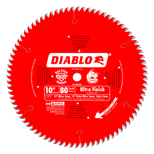 Diablo 10-inch saw blade with 80 teeth, designed for ultra-finish cutting in miter saws and table saws, featuring a red background with product details and warnings.